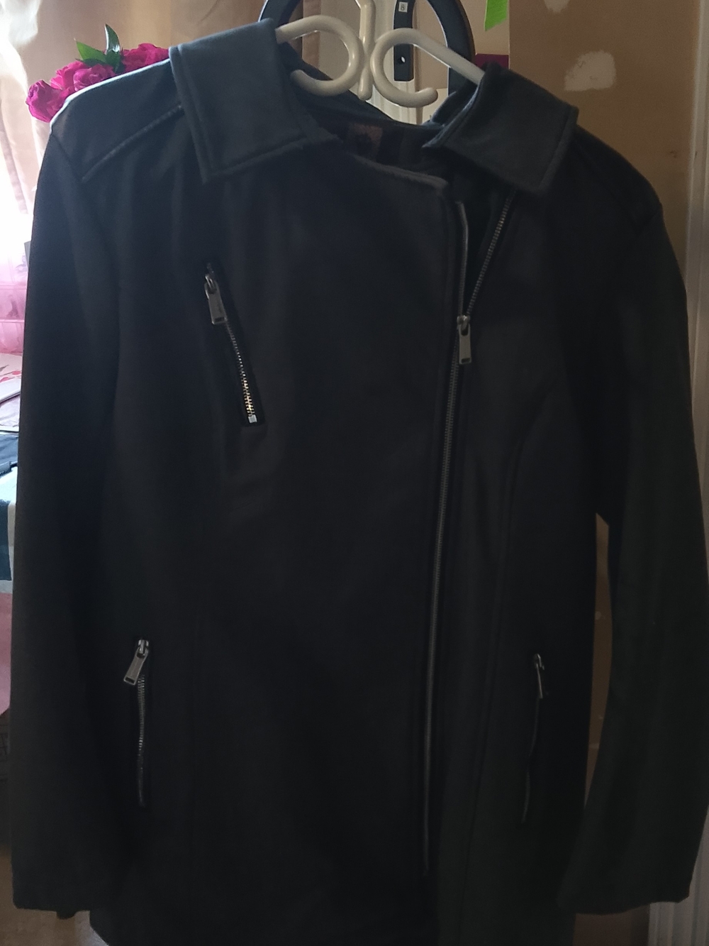 Anne Klein Black Asymmetric Zip Leather Jacket